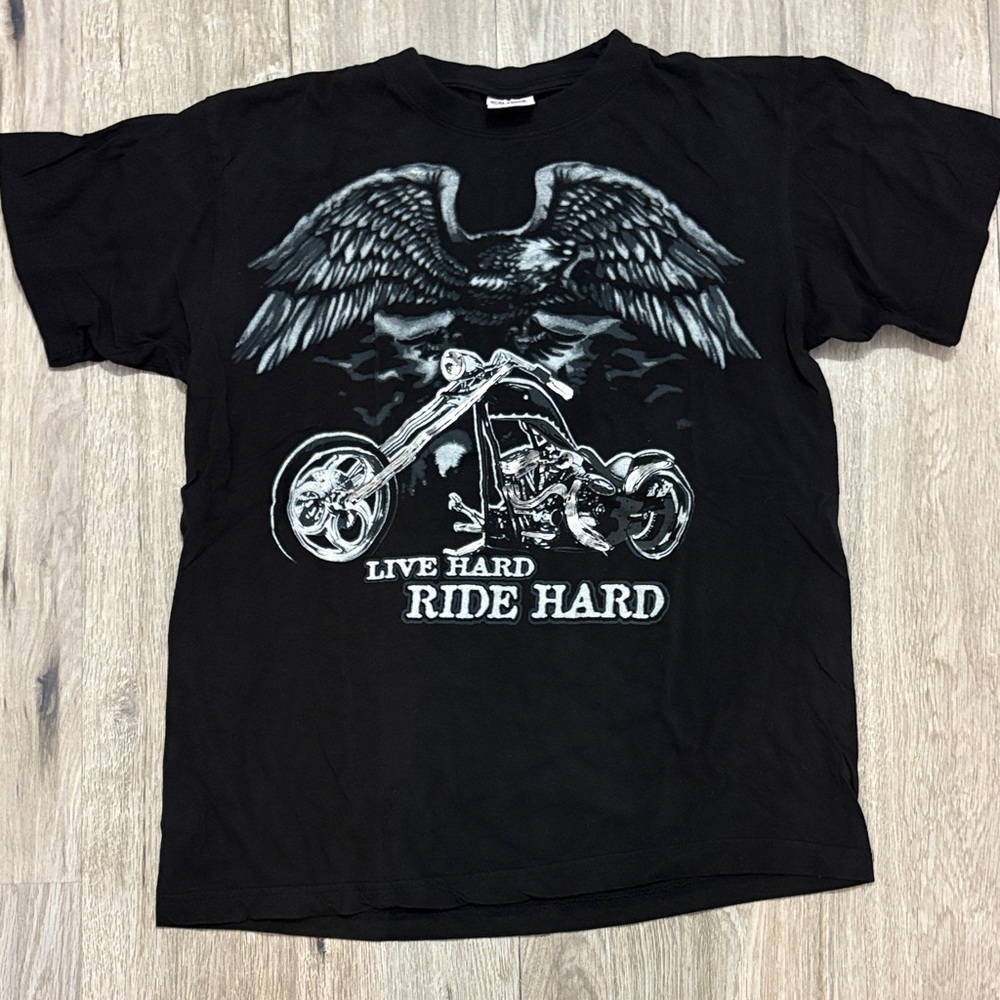 Black Graphic Tee with Motorcycle Design